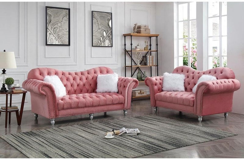 Aroma Homes Luxury Chesterfield Velvet Sofa Set - Pink 2 Seater - Image 1
